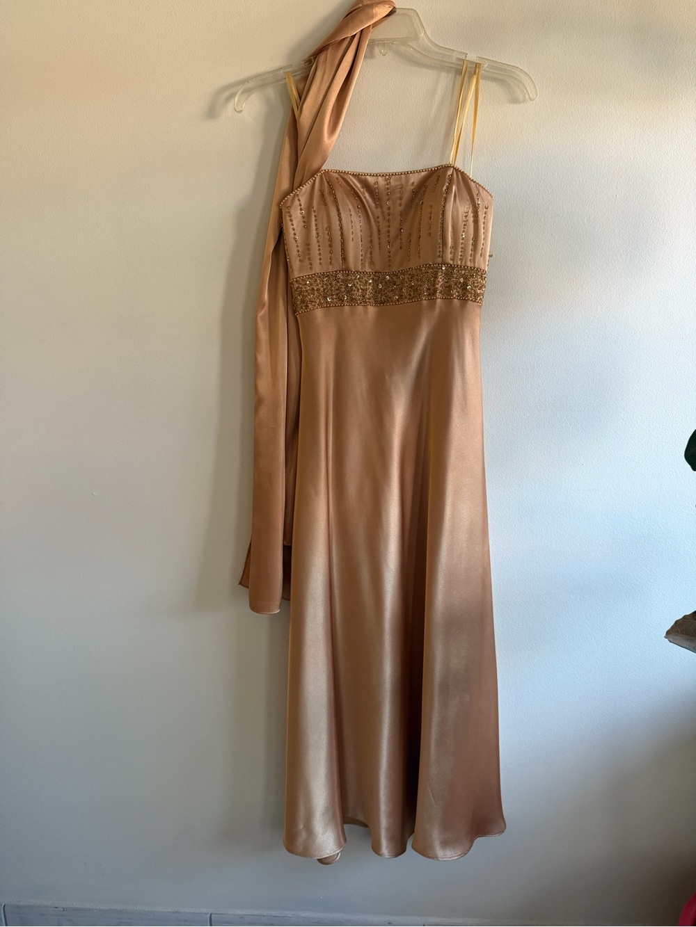 CACHE Champagne Satin Slip Dress | Elegant Lace-Up Back | Halter